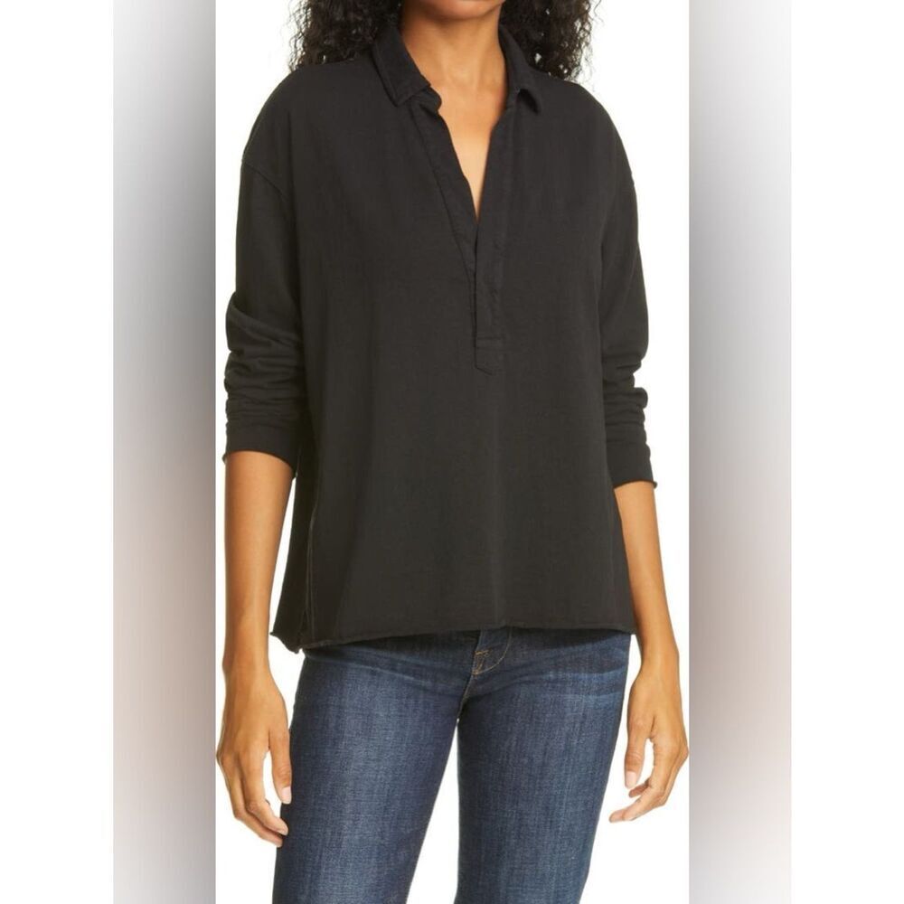Frank & Eileen Patrick Popover Henley Black Long-Sleeve Split V Polo Size Med